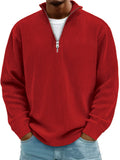 Men's wine red corduroy quarter zip casual polo sweatshirt top