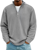 Men's solid gray corduroy quarter zip pullover sweatshirt with stand collar
