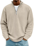 Men's warm solid white corduroy quarter zip pullover with stand collar