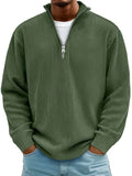 Men's army green corduroy zipper stand collar long sleeve casual top