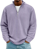 Men's solid purple corduroy quarter zip stand collar pullover sweatshirt